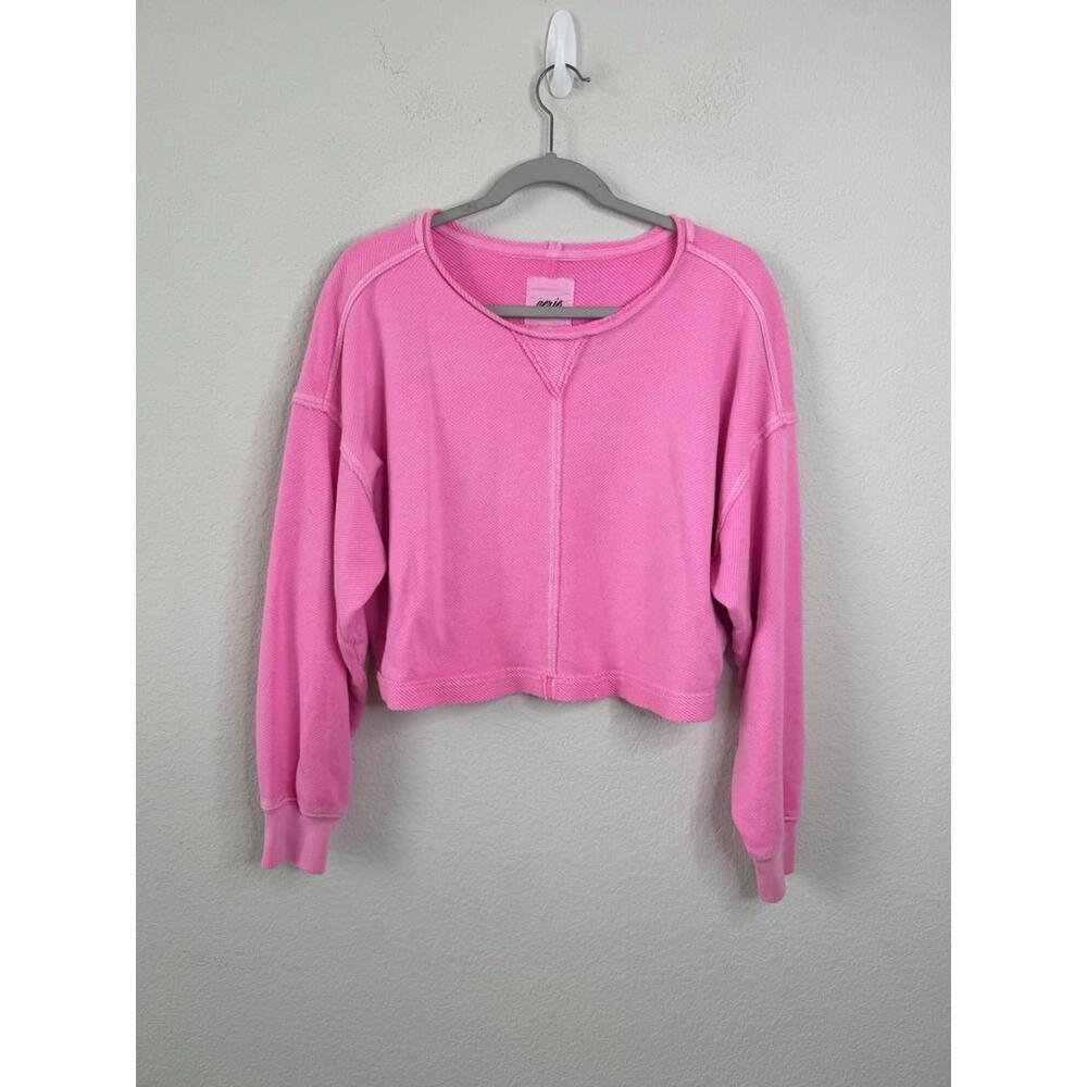Aerie Pink Waffle Knit Cropped Sweatshirt Women’s Sz S Barbiecore Thermal Preppy